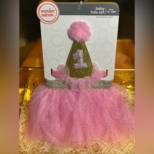 Wonder Nation Baby First Birthday Pink Gold Sparkle Tutu Skirt & Party Hat